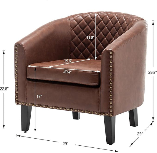 KINWELL 29" W Faux Leather Barrel Chairs Set of 2, Modern PU Upholstered Tufted Club Chairs with Nailhead Trim, Small Armchairs Accent Chairs for Living Room Bedroom Apartment Lounge Nursery, Brown