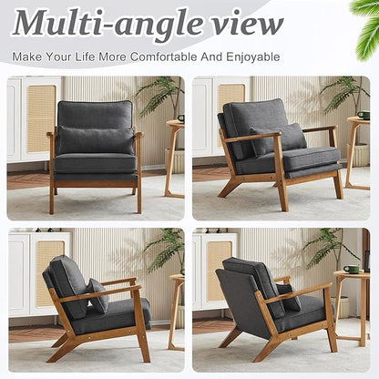 VINGLI Solid Wood Wide Armrests Accent Chair,Upholstered Mid Century Modern Chair with Pillow,Comfy Reading Chair Farmhouse Arm Chair,Chairs Living Room,Bedroom,Guest Room,Linen Fabric,Dark Grey