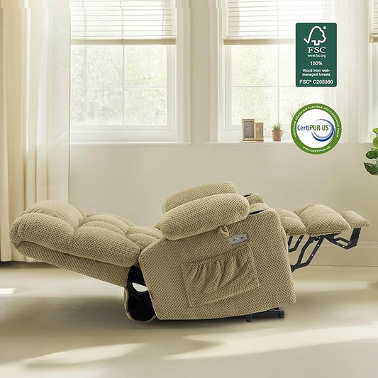 MCombo Dual Motor Large Power Lift Recliner Chair for Elderly, Lay Flat Lift Chair with Heat and Massage, Big Lift Recliner for Tall People, Cup Holders, Fabric 7896 (Beige, Large)