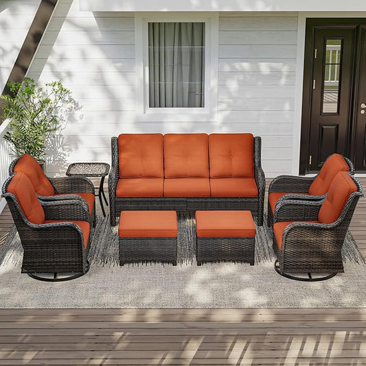Wicker Patio Furniture Set 8-PCS with A 3-Seat Sofa, 2 Swivel Rocking Chairs, 2 Armchairs, 2 Ottomans and 1 Side Table Patio Conversation Set, Orange