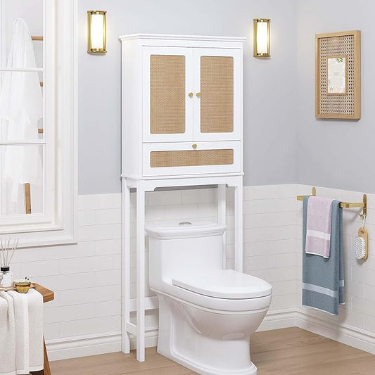 Spirich Over The Toilet Storage Cabinet with Rattan Doors, Over Toilet Bathroom Organizer with Tilt-Out Cube and Adjustable Shelf
