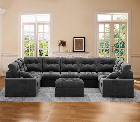 High Back Boneless Couch, Oversized U Shaped Cloud Couch with Versatile 2-Pack Pillow Blankets, Corduroy Modular Sectional Sofa with Ottoman, No Assemble Sectional Couches for Living Room