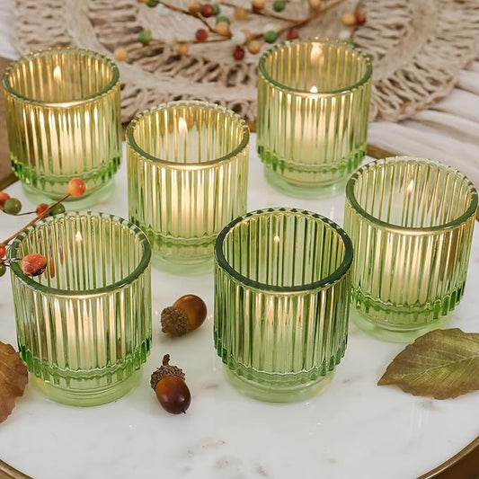 Kate Aspen Vintage Ribbed Glass Candle Holder Decor, Green Votive Candle Holders for Holiday Table Decor, Tealight Candles Holder Glass (Set of 6), Dinning & Christmas Table Decoration (Pack of 6)