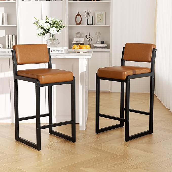 Counter Stools Set of 4, Faux Leather Bar Height Stools with High Back and Metal Legs, Upholstered Bar Chairs, 26" Modern Barstools for Kitchen Island, Caramel