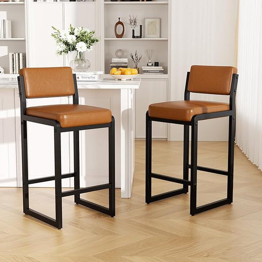 Counter Stools Set of 2, Faux Leather Bar Height Stools with High Back and Metal Legs, Upholstered Bar Chairs, 26" Modern Barstools for Kitchen Island, Caramel