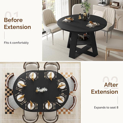 Aivermel 43.3‑59 in Extendable Oval Dining Table for 4‑6, Engineered Wood Round Dining Table with Hidden Extension Storage &Bottom Shelf, Space‑Saving Modern Kitchen Living Room Tables (Vintage Black)