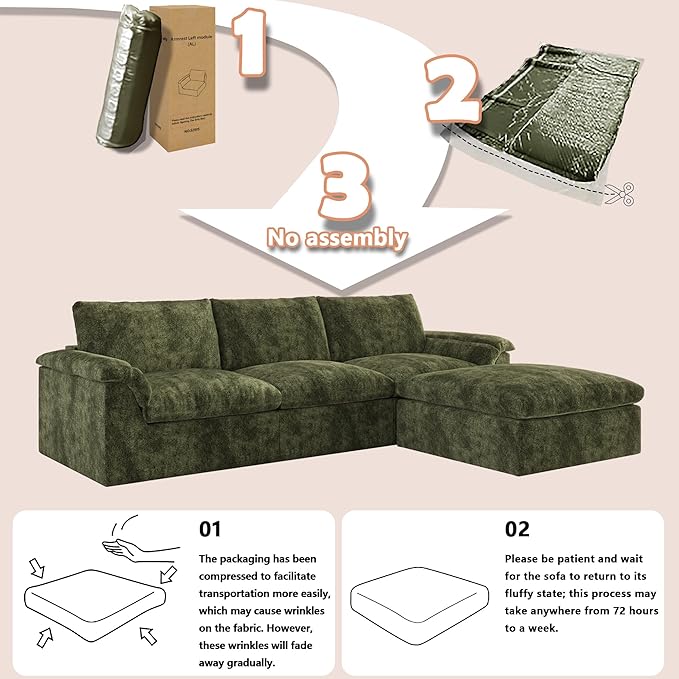 EASE MOOSE Oversized Boneless Couch for Living Room, Sectional Cloud Sofa, Modular Cloud Couch Loveseat, 2-Seater Deep Seat Sofas with Pillow for Bedroom Apartment, No Assembly, Chenille (Green)