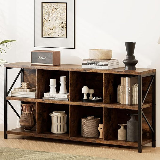 8 Cube Storage Organizer Bookshelf, Industrial Horizontal Bookcase, Accent Cubby Shelf, Media Console Table for Living Room, Home Office, 13.6" D x 63" W x 30.9" H, Rustic Brown