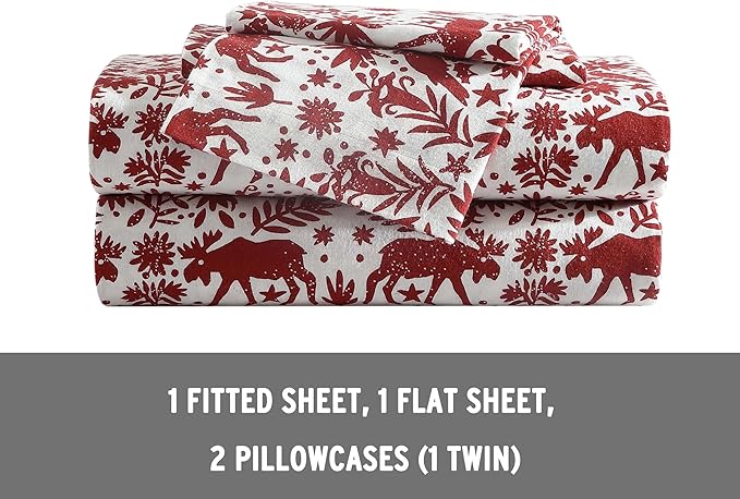 Eddie Bauer 4 Pc Flannel Sheets King Size - 100% Cotton Breathable & Soft King Size Sheets Set (1 Flat, 1 Flannel Fitted Sheet, 2 Pillowcases) - 15" Deep Pocket All Seasons Sheet Set (Arcadia Red)