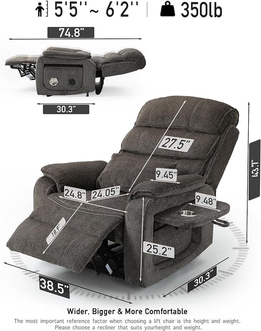 Large Power Lift Chairs Recliners for Elderly with Heated and Massage, Upgraded Dual Motor Lay Flat Recliners, 25in Extra Wide Seat, Folding Tablet, Side Pocket