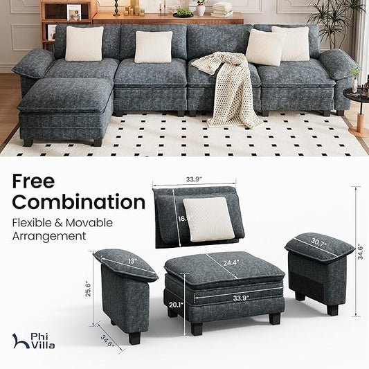 PHI VILLA Cloud Modular Couch Sets, 157.5" Sectional Sofa with L-Shaped Chaise, 5-Seater Upholstered Couches with Movable Ottoman for Living Room, Chenille Fabric, Dark Cyan