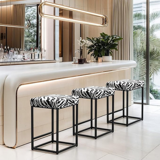 MAISON ARTS Bar Stools Set of 3 | Counter & Bar Height Kitchen Island Stools | Modern Black & White Zebra Stripes Metal Barstools | 24" Backless Farmhouse Bar Height Stools
