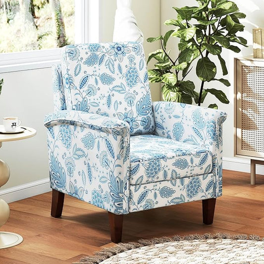 GOFLAME Floral Accent Chair, Comfy Upholstered Armchair with Rubber Wood Legs and Thick Padded Cushion, High Back Single Sofa Chair, Reading Side Chair for Living Room, Bedroom, Blue