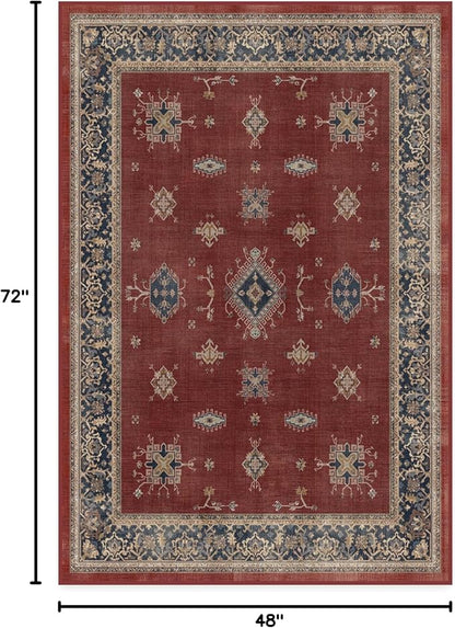 RUGGABLE Washable Vintage Area Rug – Verena Amber Red 4x6, Stain-Resistant, Non-Slip – Medium Machine Washable Rugs for Living Room, Bedroom, Hallway, Entryway & Office–with Standard Pad