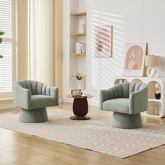Swivel Accent Chair Set of 2, Upholstered Teddy 360° Swivel Barrel Chair for Living Room Overstuffed Bouncle Reading Chair Round Armchair for Bedroom,Vanity,Office-Green