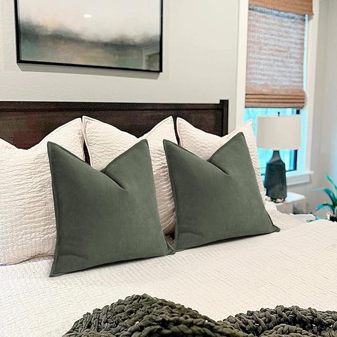 ZWJD Army Green Pillow Covers 22x22 Set of 2 Chenille Throw Pillow Covers with Elegant Design Soft and Luxurious Decorative Throw Pillows for Couch, Bed, and Home Decor