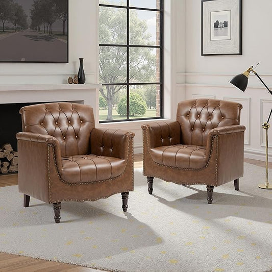 Faux Leather Accent Chair, PU Leather Modern Comfy Upholstered Armchair with Wood Legs & Nailhead Trim for Living Room, Bedroom (Brown,Set of 2)