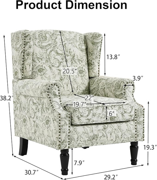 Pia Ricco Set of 2 Floral Accent Chairs, High Back Upholstered Armchairs with Retro Wingback Design, Nailhead Trim & Solid Wood Legs for Living Room Bedroom(Plants Green)