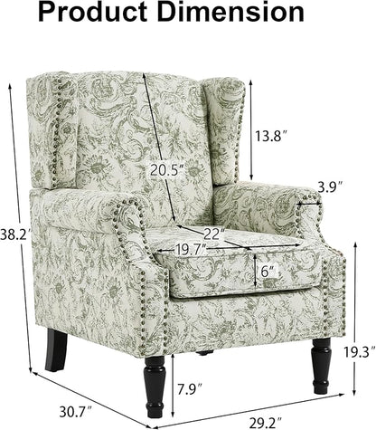 Pia Ricco High Back Floral Accent Chair - Retro Wingback Upholstered Armchair with Nailhead Trim, Solid Wood Legs, Fabric Living Room Bedroom Reading Chair (Plants Green)