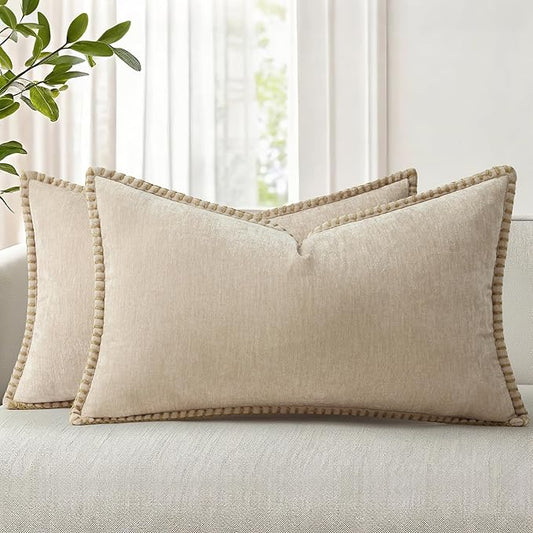 decorUhome Chenille Soft Throw Pillow Covers 12x20 Set of 2, Lumbar Velvet Farmhouse Neutral Decorative Euro Pillow Covers with Stitched Edge for Couch Sofa Bed Home Decor, Beige