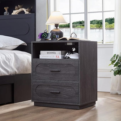 Gray Night Stand with Charging Station, 21.7" Wide Wood End Table with 2 Storage Drawers, Open Shelf & Unique Base, Mid Century Modern Bedside Table for Bedroom, Living Room, Gray