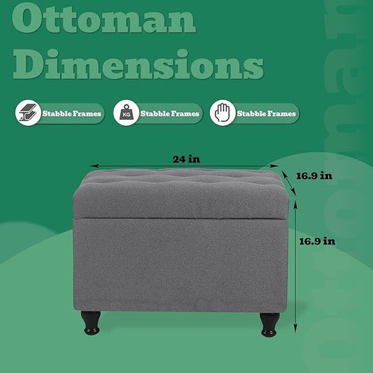 Ottoman with Storage 24'' Storage Ottomans Fabric Ottoman Footstools Small Upholstered Foot Rest Stool for Couch, Living Room, Bedroom, Entrance Shoe Bench Grey