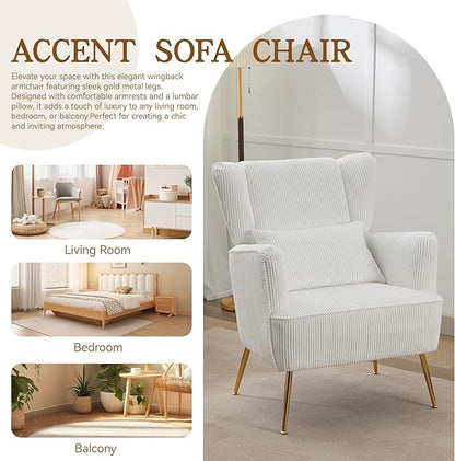 Corduroy Accent Living Room Arm Chair with Pillow & Golden Legs, 8.5" Thick Cushion, Mid Century Modern Wingback Chairs Upholstered Comfy Sofa Armchair for Reading Room/Bedroom, White