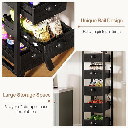 Tribesigns Black Wood Fruit and Vegetable Storage Rack, 5-Tier Narrow Snack Stand Kitchen Stand Fruit Basket, Pull-Out Utility Organizer for Kitchen, Living Room