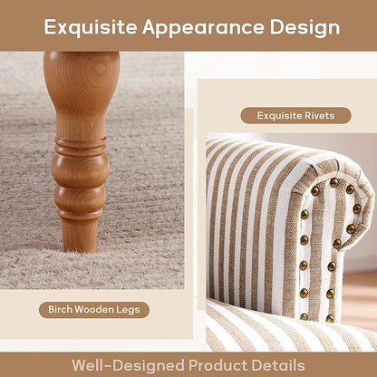 HUIMO Linen Fabric Accent Chair, Mid-Century Modern Armchair with Solid Wood Legs, Single Sofa Chair,Upholstered Reading Club Chair (1, Brown and White Stripe)