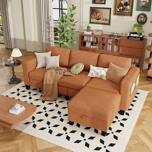 ZeeFu Sectional and Sofa Couches for Living Room - 78'' 3 Seater L-Shaped Modular Couch with Storage Ottoman - Modern Velevt Fabric Upholstered Sofa Set for Small Space Apartment Office