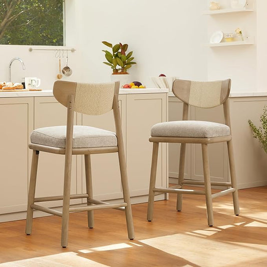 Watson & Whitely Boho Counter Height Bar Stools Set of 2, 27” Modern Upholstered Bar Stools with Natural Woven Rope Back and Solid Wood Frame for Kitchen Island, Home Bar, Fabric in Khaki