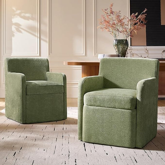 HULALA HOME Upholstered Dining Chair Set of 2 with Smooth-roling Castors, Modern Fabric Side Dining Room Chairs with Built-in Storage, Multi-Purpos Kitchen Chairs for Living Room, Moss