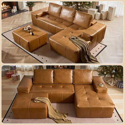 37.8" Faux Leather Ottoman for Couch, Memory Foam Cloud Boneless Sectional Couch for Living Room Foot Stools No Assembly Require (Faux Leather,Brown)