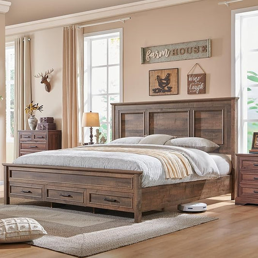 ACCOHOHO Farmhouse King Size Bed Frame with 52" Tall Headboard, Wood Platform Bedframe with Footboard and Storage Drawers, No Squeak, No Box Spring Needed, Light Brown