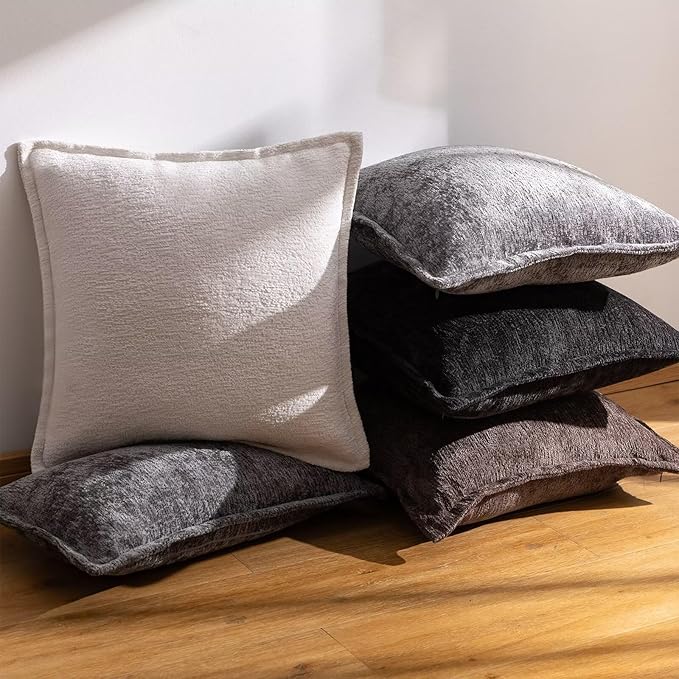 Black Decorative Throw Pillow Covers 18x18 Inch Set of 2 Cozy Soild Chenille Cushion Cases Soft Textured Square Couch Pillows Cover Boho Accent Farmhouse Pillowcases for Sofa Bed