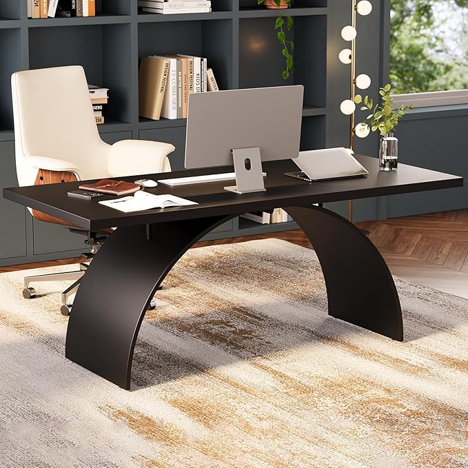 homary 70.9" Industrial Executive Desk, Black Top Desk Modern Home Desk with Arched Design Legs for Study, Office, Home Office