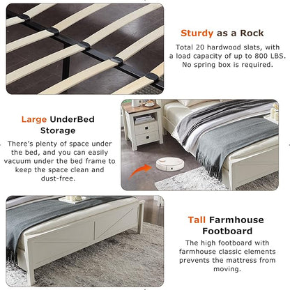 T4TREAM Farmhouse Queen Size Bed Frame w/Storage Bookcase Headboard, Sliding Barn Door, Charging Station, Rustic Wood Platform Bed w/Wood Slats Support, No Box Spring Needed, Antique White