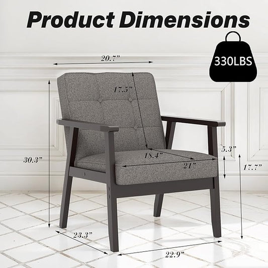 Modern Accent Chair with Arm Rest, Upholstered Linen Fabric Leisure Chair Comfy Side Chair with Backrest Button and Wooden Frame for Living Room Bedroom Reading(Gray)