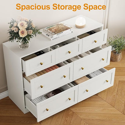 RoyalCraft 7 Drawer Dresser, 47'' Wide Modern Chest of Drawers with Gold Knobs, Wooden TV Stand Storage Organizer for Bedroom, Living Room, Entryway, White