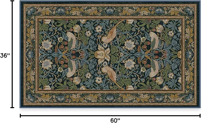 RUGGABLE x Morris & Co Washable Area Rug – Strawberry Thief Indigo 3x5, Stain-Resistant, Non-Slip – Small Machine Washable Rugs for Living Room, Bedroom, Hallway, Entryway & Office–with Cushioned Pad