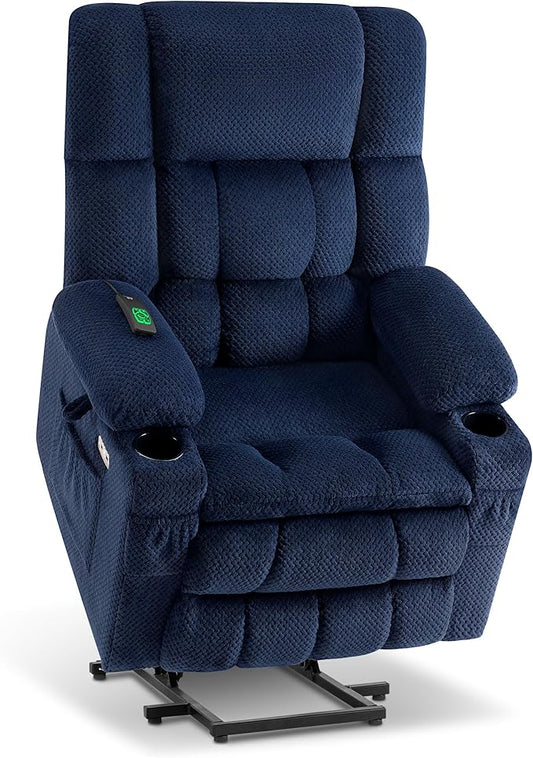 MCombo Dual Motor Large Power Lift Recliner Chair for Elderly, Lay Flat Lift Chair with Heat and Massage, Big Lift Recliner for Tall People, Cup Holders, Fabric 7896 (Large, Navy Blue)