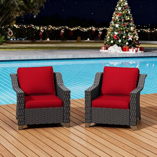 Patio 2 Pieces Wicker Chairs Set of 2，Outdoor PE Rattan Armchairs, Water-Resistant Cushions with Removable and Washable Covers, Porch, Balcony, Sunroom (Red)
