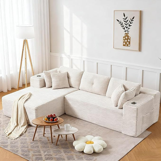 Modular Sectional Sofa, L Shaped Comfy Cloud Couch with Deep Seat, Boneless Couch for Living Room, Modern Sectional Sleeper with Chaise, No Assembly Required, Sofa in A Box, Beige Corduroy