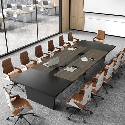 Modern Conference Table with Cable Management, Thickened Top & Trapezoidal Legs – Office Meeting Table for Executive Workspaces (Oak+Gray, 95" L