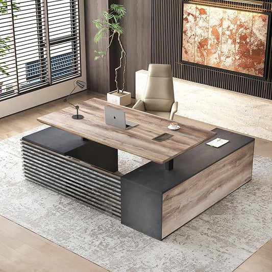 86.61" L Shaped Standing Executive Desk and 63" lateral File Cabinet, Large Adjustable Heigh Office Computer Desk with 3 Drawers,2.3" Desktop,Business Workstation,Black and Warm Oak