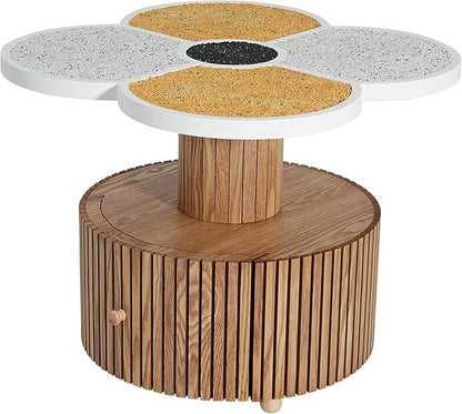 Christopher Knight Home Maven Four-Leaf Clover Side Table with Drawer, Modern Sofa End Table for Living Room, Wooden Accent Table with Pedestal Base, Natural+Yellow+White