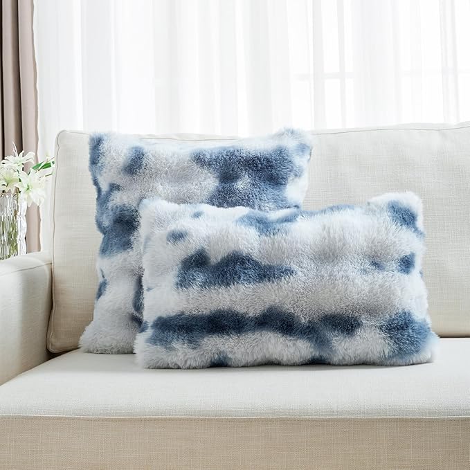 FUTEI Blue White Decorative Throw Pillow Covers 18x18 Inch Set of 2,Soft Fuzzy Faux Rabbit Fur Cushion Covers with Raised Texture,Neutral Boho Home Decor for Couch Bed Living Room