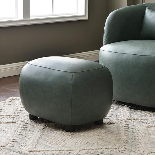 KINWELL 23" Wide Faux Leather Upholstered Ottoman, Mid-Century Modern Living Room Footrest with Soft Padded Seat, Footstool for Bedroom, Entryway or Living Room, Green