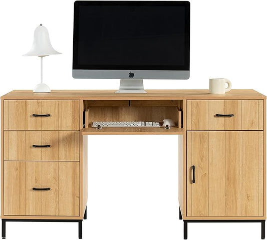 55" Executive Desk, Modern Wood Office Table with Charging Station, 5 File Drawer & 1 Storage Cabinet, Home Computer Writing Desk for Work Study, Living Room, Bedroom (Natural Oak)