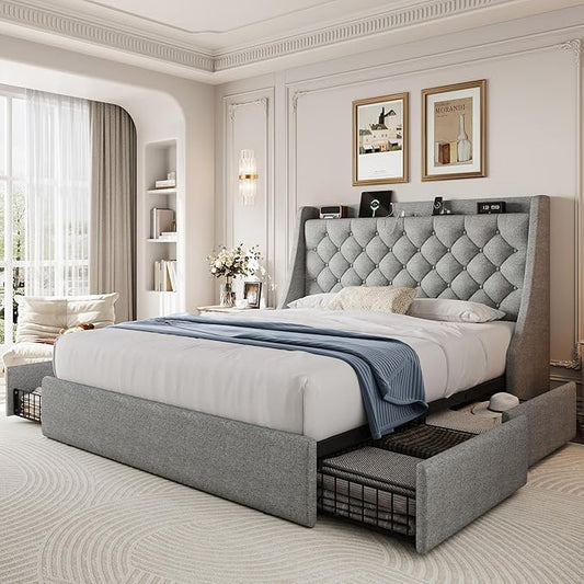 Full Size Upholstered Platform Bed Frame with 4 Storage Drawers and Charging Station, Linen Button Tufted Wingback Headboard, Sturdy Wooden Support Slats, No Box Spring Needed, Light Grey